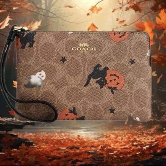 Corner Zip Wristlet In Signature Canvas With Halloween Graphic Wallet Bag Purse - Picture 9 of 11